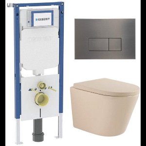 QeramiQ Dely Toiletset - 36.3x51.7cm - diepspoel - rimless - Geberit UP720 inbouwreservoir - softclose toilet zitting 35 mm - gunmetal bedieningsplaat - rechthoekige knoppen - mat beige