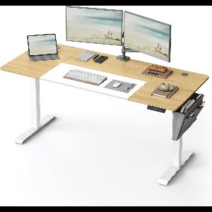 FurnStar - Verstelbaar Bureau - In Hoogte Verstelbaar Bureau Elektrisch - Bureau Tafel - Verstelbaar Bureau Elektrisch - 70 x 160 x (72-120) cm - Geheugenfunctie voor 4 Hoogtes - Voor Thuiskantoor - Werkkamer - Pastelgeel + Basiswit