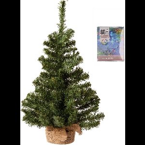 Volle kerstboom in jute zak 60 cm inclusief gekleurde kerstverlichting