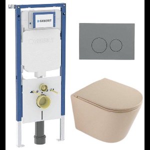 QeramiQ Dely Toiletset - 36.3x51.7cm - diepspoel - rimless - Geberit UP720 inbouwreservoir - softclose toilet zitting - bedieningsplaat licht grijs - ronde knoppen - mat beige