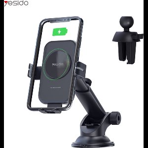Yesido - Autohouder met Draadloos Opladen (C118) - Uitschuifbare Arm voor Dashboard, Windscherm, Ventilatieopening, 15W - Zwart