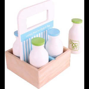 Boodschappen - Zuivel - In krat | houten speelgoed melkflessen voor winkel of keuken