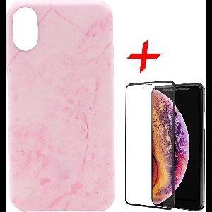 Marmer Hoesje geschikt voor Apple iPhone Xs / X Siliconen TPU Soft Gel Case Roze + Screenprotector Full-Screen Tempered Glass van iCall