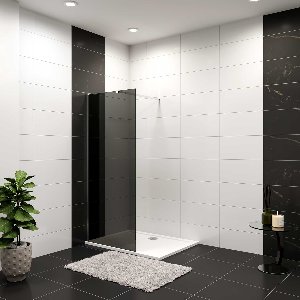 Aica Industriële douchewand 140x200 cm 8 mm NANO gehard glas met zwarte veiligheidsfolie 73-120cm inkortbaar stabilisatiestang glanzend chroom dubbele veiligheidswaarborg