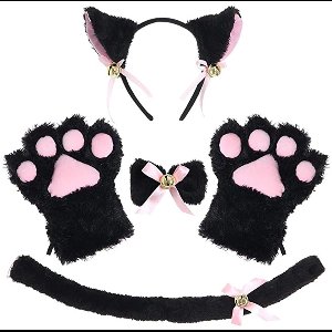 Mmgoqqt 1-Stuk Kattenpoot Handschoenen - Pluche Halloween Kostuum - Cosplay Feest Set - Wolf Vossenstaart Masker - Zwart - Basic - Pluizig Comfortabel