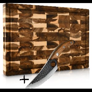 KAAMUT® Luxe Snijplank van Massief Acacia Kopshout – Met Sapgeul, Handgrepen & Antislip Voetjes – Extra Dik & Duurzaam – 40 x 27,5 x 3,5 cm – Hakblok – Geschenkdoos - Hakmes inbegrepen