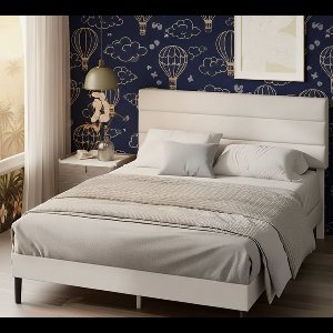 Bedframe 140x200 Met Hoofdbord – Luxe Gestoffeerd Bed Met Houten Lattenbodem – Stevig Metalen Frame – Modern Comfortabel Design – Off-White – House&Garden