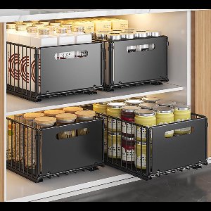Extendable Cabinet Organizer with Sliding Shelves, Cabinet Organiser, Sliding Basket for Kitchen, No Drilling or Riveting (Black, 4Blocks 38DX25WX19H CM)