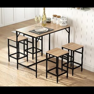 Industriële 5-delige Bartafel Set met 4 Barkrukken – Eikenhout & Zwart Staal – Ruimtebesparende Hoge Tafel voor Keuken & Eetkamer – 100 x 60 x 88 cm