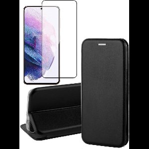 Hoesje geschikt voor Samsung Galaxy S21 FE - Book Case Kunstlederen Wallet Cover Minimalistisch Pasjeshouder Hoes Zwart - Full Tempered Glass Screenprotector