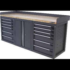 Kraftmeister werkbank 200 cm - Werktafel met 12 laden, 1 opbergkasten en eiken werkblad - Grijs