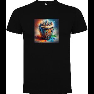 Zwart T-Shirt met “Kleurrijke Bongo drums – Afrikaans – Dansen – Muziek – Vrolijk “ Print Full Color Maat 4XL