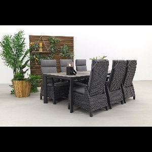 Darwin/Kings 6-persoons wicker verstelbare tuinset 220x100 cm. - Antraciet/Houtlook