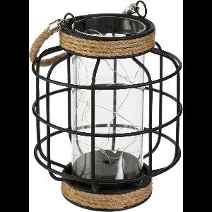 Lantaarn zwart staal met touw Led hoogte 17.5CM