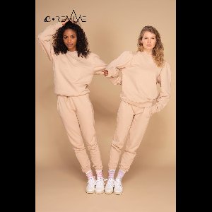 Sweater &C x REVIVE, met pofmouw, bio-katoen, EU gemaakt, kleur beige, maat L - incl. borduring op mouw "YOU CAN DO THIS"