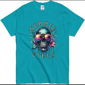 Alternatief Zomer Tshirt - Zomerse Skull Opdruk met Bloemen - Dames en Heren - Blauw - S