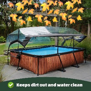 Zwembad 220x150x65cm - Rechthoekig Frame Pool met Multifunctionele Overkapping - Inclusief Filterpomp (300 gal/u) & Filtercartridge - Grijs Steeneffect - Compact & Duurzaam - 1800L - Voor Kinderen & Gezinnen - UV & Warmtebescherming