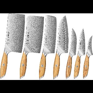 Professionele Messenset (7-delig) - Hezhen X01 Flagship Series - Damascus staal (73 laags met poederstalen kern van 14Cr14MoVNb) - Olijfhout - Vlijmscherpe damastmessen - Inclusief mooie geschenkdoos