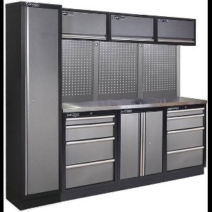 Kraftmeister werkplaatsinrichting - Werkbank met 3 wandkasten, 1 werkplaatskast, 1 opbergkast en RVS werkblad - Werktafel met 8 laden en gereedschapswand - Complete set voor werkplaats of garage - Grijs