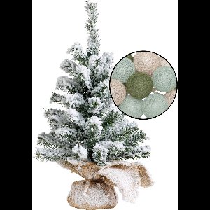 Mini kerstboom met sneeuw - incl. lichtslinger met bollen mix groen - H45 cm
