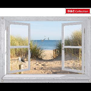 D&C Collection - tuinposter - 90x65 cm - doorkijk - wit luxe venster - Hollandse duinovergang met strand - meeuwen - tuin decoratie - tuinposters buiten - schuttingposter - tuinschilderij