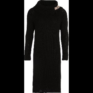 Knit Factory Jamie Gebreide Dames Jurk - Trui jurk dames - Wollen jurk - Herfst- & winterjurk - Wijde jurk - Met warme opstaande kraag - Zwart - 40/42 - Knielengte