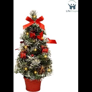 LifeStages - Kant en Klare Kerstboom - Mini-kerstboom - Kleine Kerstboom - Kunstkerstboom - LED-Kerstboomverlichting - Kerstboom met Kerstballen, Dennenappels, en Strikken - Kerstdecoratie voor Thuis, Kantoor, en Tafeldecoratie - 40 cm - Rood