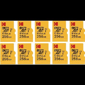 Pack de 10 KODAK Cartes Mémoire Micro SD - 256GB, Classe 10, Haute Performance, avec Adaptateur