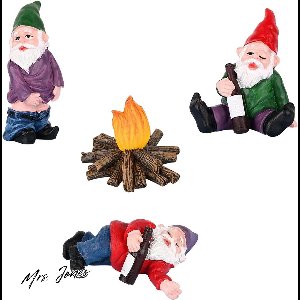 Mrs. Jones Collection Mini tuinkabouters - Hars - Set van 4 - Happy dwergen - Tuindecoratie - Miniatuur standbeelden .
