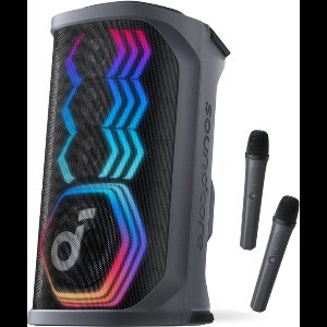 soundcore by Anker Rave 3 Party Speaker – 160W Geluidsvermogen – AI Vocale Verwijdering – One-Touch Karaoke – Inclusief 2 Draadloze Microfoons – Gitaar- en Bedrade Microfoonaansluiting – Beat-Synced HexaGlow Lichtshow – Tot 12 Uur Speeltijd