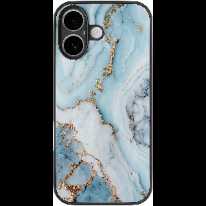 Hoesje geschikt voor iPhone 16 - Marmer babyblauw - Luxe Glazen Hardcase - Marmer - Blauw - Leuke Telefoonhoesjes