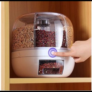 360 Graden Roterende Automatische Rijst Bewaardoos - 6 Vakken - Verzegelde Rijstdispenser - Grote Capaciteit - Kan Ook Gebruikt worden Voor Opslag voor Huisdierenvoer Kruiden- Keuken Rijst Box - Met 1 Klik Gewenste Aantal Rijst