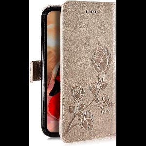 TheLau - Beschermhoes PU-leer met magneetsluiting en standfunctie voor Samsung Galaxy Grand Prime in goudkleur met kaartsleuven.