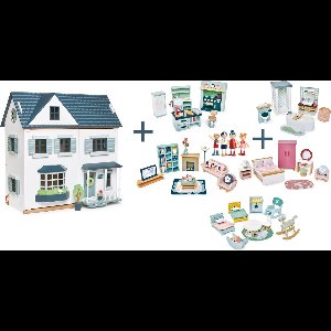 [F] Tender Leaf uniek houten poppenhuis XL in neutrale kleuren inclusief houten poppen familie - woonkamer meubeltjes, slaap en keuken meubels, badkamer meubels en kinderkamer meubels - 68 x 70 cm