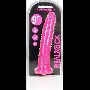 REALROCK - 9 inch - dildo - ribbels - zuignap - glow in the dark - realistisch - roze