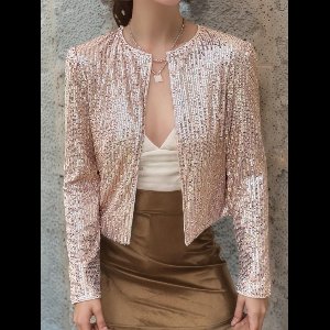 Damesmode Paillettenjas Open Voorkant Puff Lange Mouw Korte Blazer Casual Jas