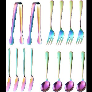 House of Husk Mini Serveerset met Theelepels en Gebaksvorken - 14 Delig - Koffielepels - Gebaksvorken - Botermessen - Suikerklonttang - Multicolour