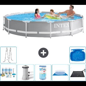 Intex Rond Prism Frame Zwembad - 366 x 76 cm - Grijs - Inclusief Onderhoudspakket - Zwembadfilterpomp - Filter - Grondzeil - Solar Mat - Ladder - Voetenbad