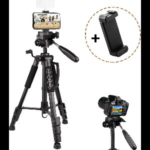 MOJOGEAR Smartphone en Camera Statief - tot 140 cm hoog - met telefoonhouder en draagtas - Tipod smartphone - Tripod camera - Zwart