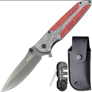 AdroitGoods RVS zakmes damast-look met Vezelcomposiet inleg – incl. hoes & slijptool - Premium opvouwbaar outdoor-mes – 19 cm totaal, 9 cm roestvast stalen lemmet - Vezelcomposiet handgreep met damast-stijl afwerking