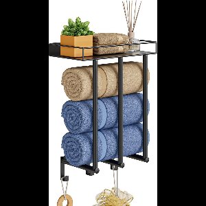 Selbro ® Ruimtebesparende Handdoekhouder met Plank voor Badkamerwandmontage - Ideaal voor Kleine Ruimtes, Zwart