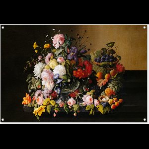 Tuinposter 120x80 cm - Tuindecoratie Stilleven met bloemen en fruit - Kunstwerk - Oude meesters - Poster voor in de tuin - Buiten decoratie - Schutting tuinschilderij - Tuindoek muurdecoratie - Wanddecoratie balkondoek