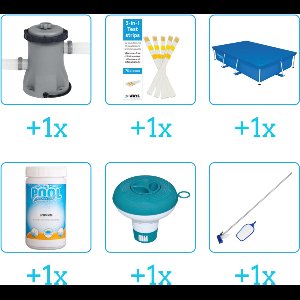 Accessoires voor Bestway Steel Pro Zwembad - 259x170x61 cm - Rechthoekig - Bestway - 56403 - Pomp - Testrips - Afdekzeil - Chloor - Chloordrijver - Schoonmaakset