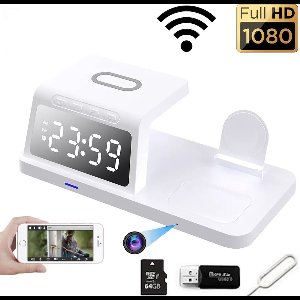 Trend Goods 5-in-1 Verborgen Spy Camera Draadloos oplader - Digitale Wekker - Wifi met App - Oplaadstation - Snel oplader - Spionage Camera - Beveiligingscamera FULL HD 1080P - Incl. 64GB Micro SD kaart - Nachtzicht - Bewegingssensor