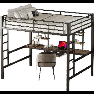 Merax Metalen Hoogslaper - Stapelbed - 140x200 cm met Bureau en Boekenplanken - Tweepersoonsbed met Opbergruimte - Zwart