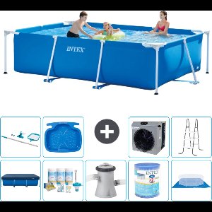 Intex Rechthoekig Frame Zwembad - 300 x 200 x 75 cm - Blauw - Inclusief Afdekzeil - Onderhoudspakket - Zwembadfilterpomp - Filter - Grondzeil - Schoonmaakset - Ladder - Voetenbad - Warmtepomp
