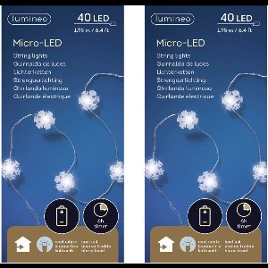 Lumineo Sneeuwvlokken lichtsnoer - 2x - wit - 40 led lampjes - 195 cm - timer - batterij - sneeuw/kerstverlichting