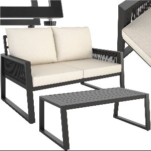 tectake® Rope Design Loungeset voor Tuin, Terras of Balkon - Tuinset met 1 Tuinbank en 1 Tafel in Houtlook - Inclusief Weerbestendige Kussens - Aluminium Frame met in Hoogte Verstelbare Voetjes - 2 Personen