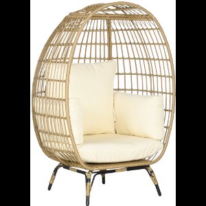 Rotan stoel, mandvormig met zitkussen, verhoogde tuinstoel voor balkon of terras, metaal, kaki, 105 x 97 x 150 cm