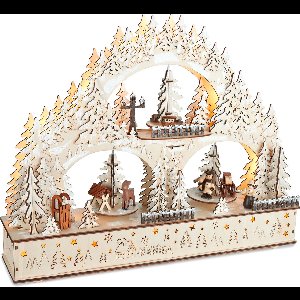 BRUBAKER 3D-lichtboog, led-lichtboog, winterlandschap 2024, kerstverlichting van natuurlijk hout, 37 x 46 x 10 cm, handbeschilderde figuren, kerstdecoratie voor tafel en raam